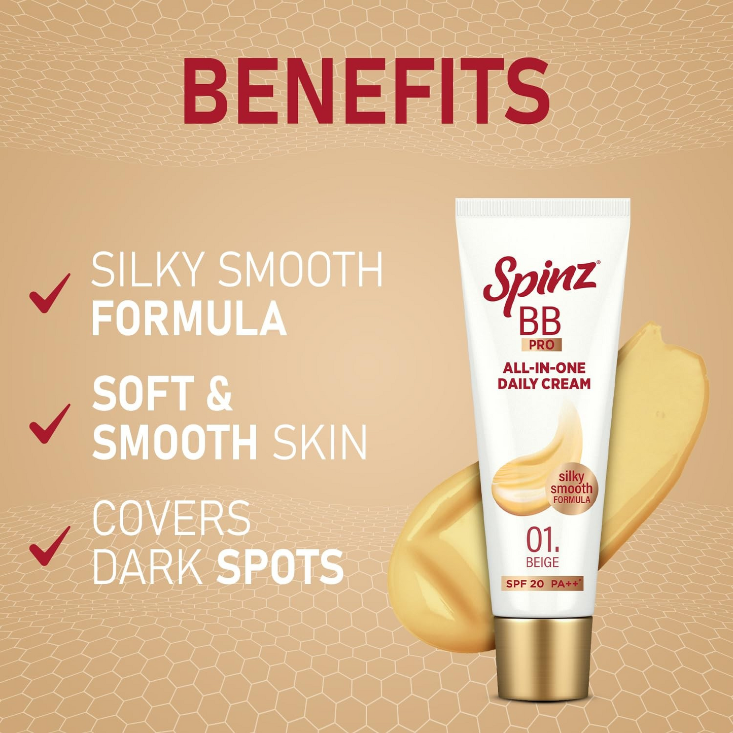 Spinz BB Pro Brightening & Beauty Face Cream with SPF 20 PA++ (Beige 01) | All-in-One Daily Cream with Silky Smooth Formula | Instant Brightness, Covers Dark Spots