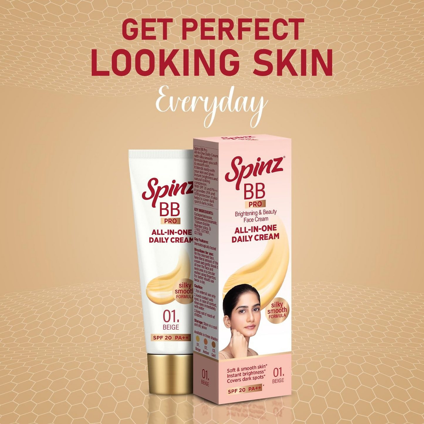 Spinz BB Pro Brightening & Beauty Face Cream with SPF 20 PA++ (Beige 01) | All-in-One Daily Cream with Silky Smooth Formula | Instant Brightness, Covers Dark Spots